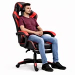 Gaming stol z naslonom za noge, rdeč - slika 3