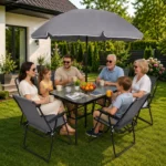 Vrtna garnitura z mizo, 6 stoli in senčnikom, siva - slika 2