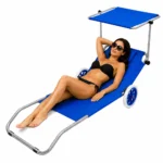 Zložljiv ležalnik za plažo z nadstreškom in kolesi, moder - slika 2