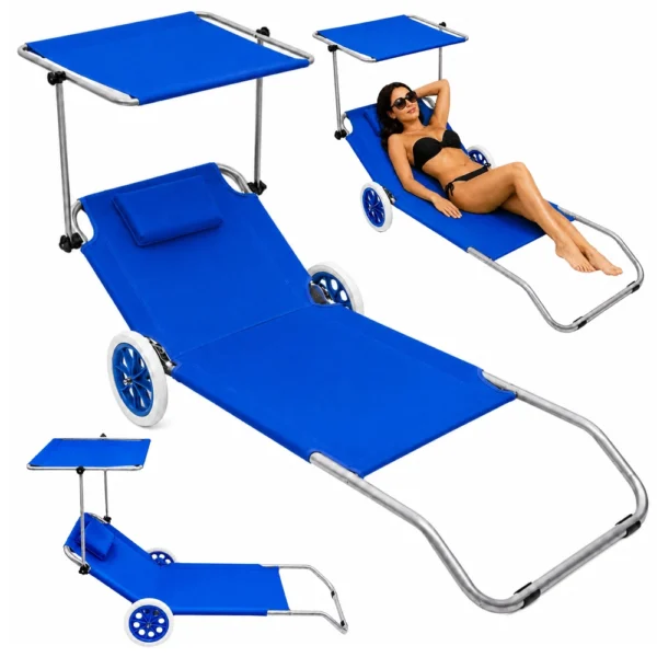 Zložljiv ležalnik za plažo z nadstreškom in kolesi, moder