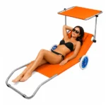 Zložljiv ležalnik za plažo z nadstreškom in kolesi, oranžen - slika 2