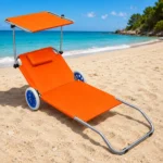 Zložljiv ležalnik za plažo z nadstreškom in kolesi, oranžen - slika 5