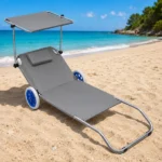 Zložljiv ležalnik za plažo z nadstreškom in kolesi, siv - slika 5