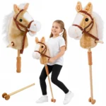 Hobby Horse, plišasti konjiček na palici z zvoki in kolesci, bež, 100 cm
