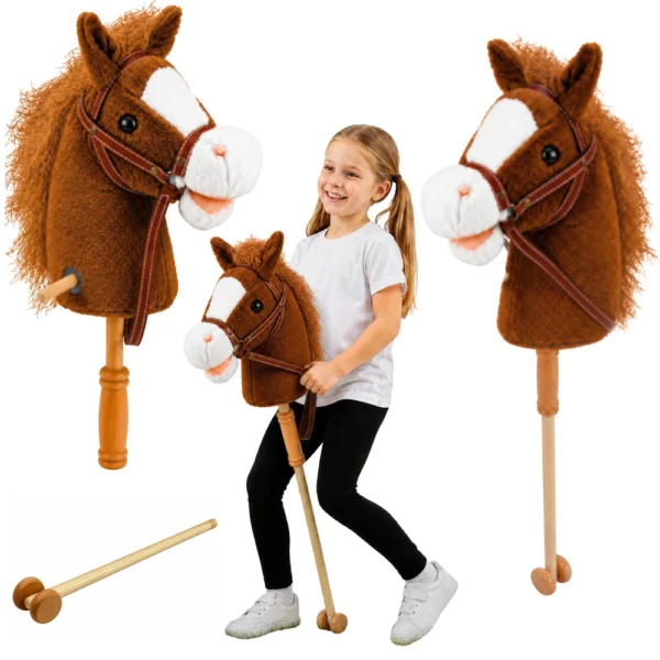 Hobby Horse, plišasti konjiček na palici z zvoki in kolesci, rjav, 100 cm