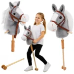 Hobby Horse, plišasti konjiček na palici z zvoki in kolesci, siv, 100 cm