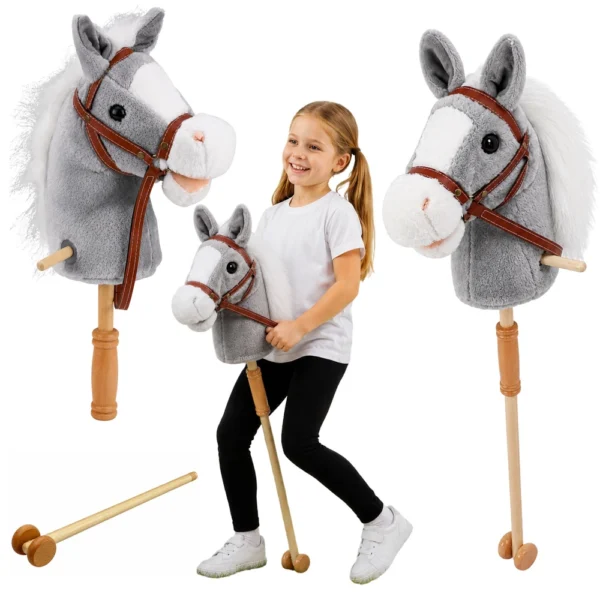 Hobby Horse, plišasti konjiček na palici z zvoki in kolesci, siv, 100 cm