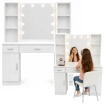 Kozmetična toaletna mizica z LED ogledalom, policami, predali in omaricama, bela, 141×114×40 cm