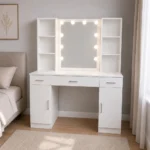 Kozmetična toaletna mizica z LED ogledalom, policami, predali in omaricama, bela, 141×114×40 cm - slika 4