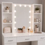 Kozmetična toaletna mizica z LED ogledalom, policami, predali in omaricama, bela, 141×114×40 cm - slika 5