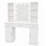 Kozmetična toaletna mizica z LED ogledalom, policami, predali in omaricama, bela, 141×114×40 cm - slika 7