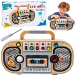 Lesena senzorična aktivnostna tabla Montessori v obliki radia z LED-lučkami, zvoki in melodijami