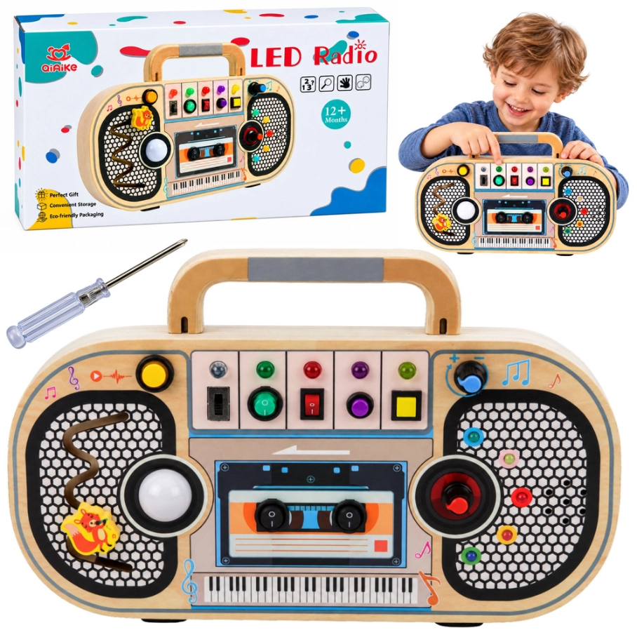 Lesena senzorična aktivnostna tabla Montessori v obliki radia z LED-lučkami, zvoki in melodijami Lesena senzorična aktivnostna tabla Montessori v obliki radia z LED-lučkami, zvoki in melodijami - slika 1
