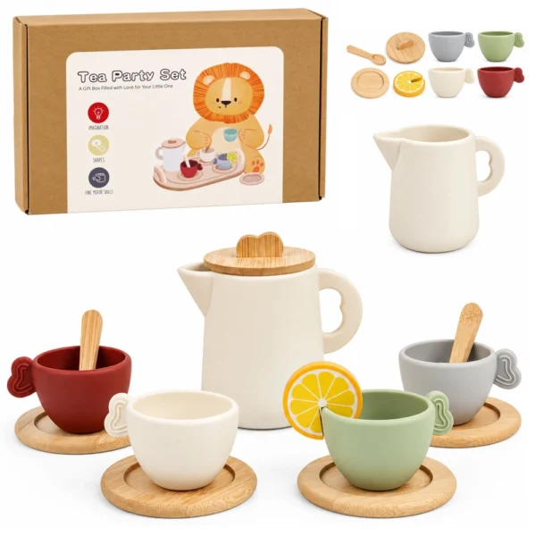 Leseni čajni set za otroke s čajnikom, skodelicami in pladnjem, 14 delni komplet