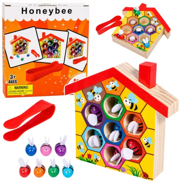 Leseni izobraževalni čebelnjak s čebelicami in pinceto, Montessori igrača