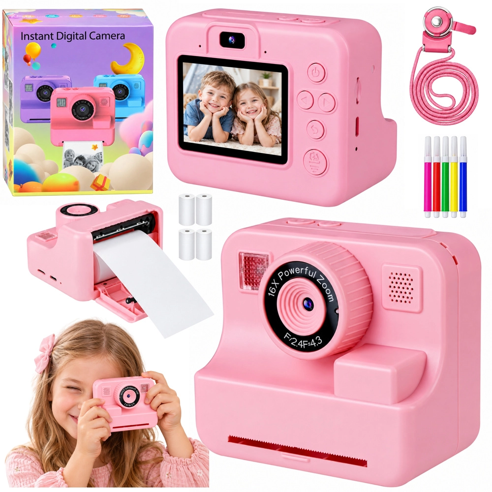 Otroški digitalni fotoaparat s takojšnjim tiskalnikom, roza Otroški digitalni fotoaparat s takojšnjim tiskalnikom, roza - slika 1